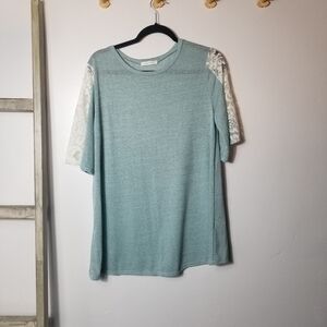 NWOT REBORN J WOMEN'S BLUE TEAL BLOUSE WITH WHITE LACE SIZE XL